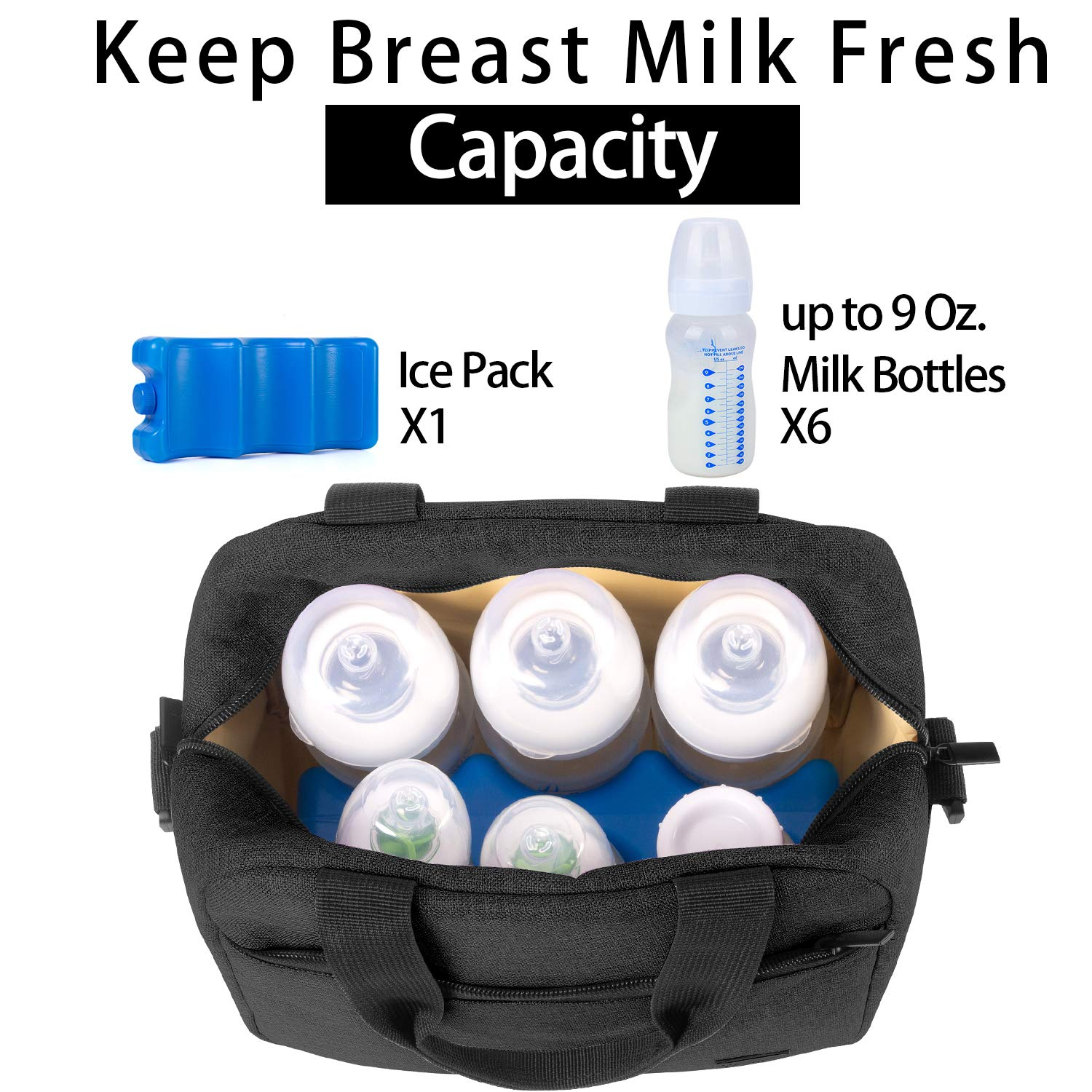 Logo personnalisé noir sac isotherme pour lait maternel sac fourre-tout porte-biberon de voyage pouvant contenir jusqu'à 6 grandes bouteilles de 9 onces