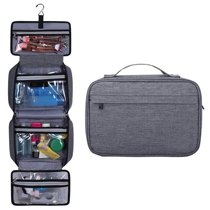 Trousse de toilette de voyage grise sacs à cosmétiques support de maquillage Portable pliable avec crochet de suspension et organisateur de maquillage à fermeture éclair transparente