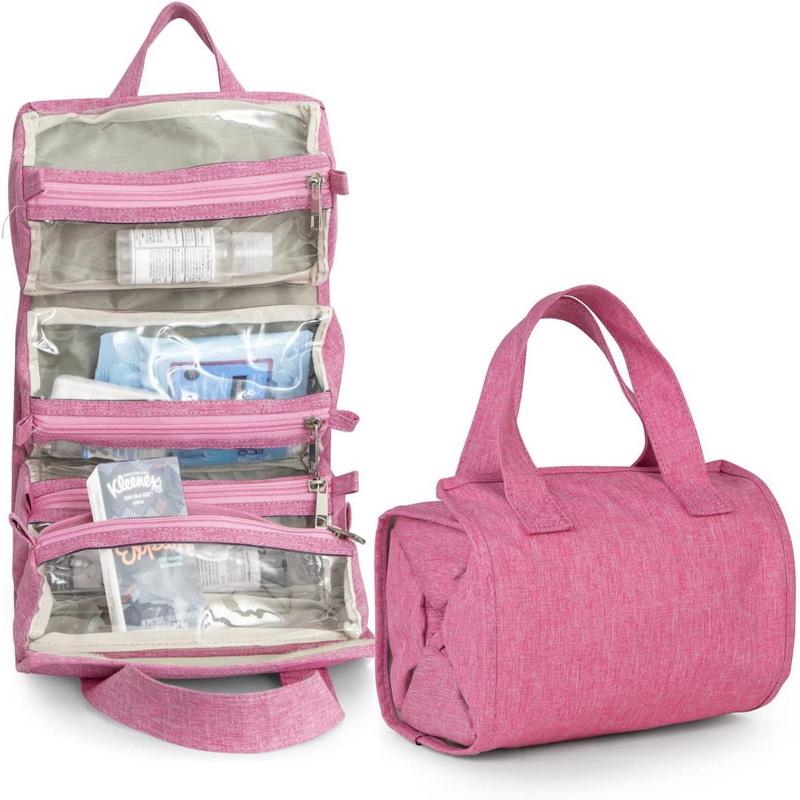 Rose voyage femmes pliable roulé maquillage stockage organisateur roulant maquillage titulaire cosmétique sac trousses de toilette