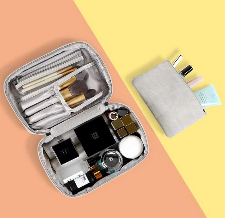 Polyester gris personnalisé sous étiquette privée sac cosmétique trousse de toilette pinceaux de maquillage sacs en voyage pour le stockage des outils de maquillage