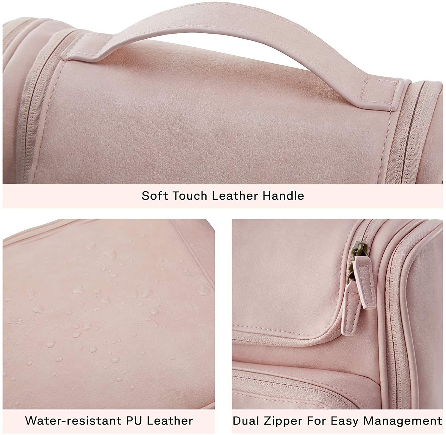 Grande capacité rose en cuir PU personnalisé étanche voyage maquillage organisateur de stockage sac de cosmétiques trousses de toilette avec crochet de suspension