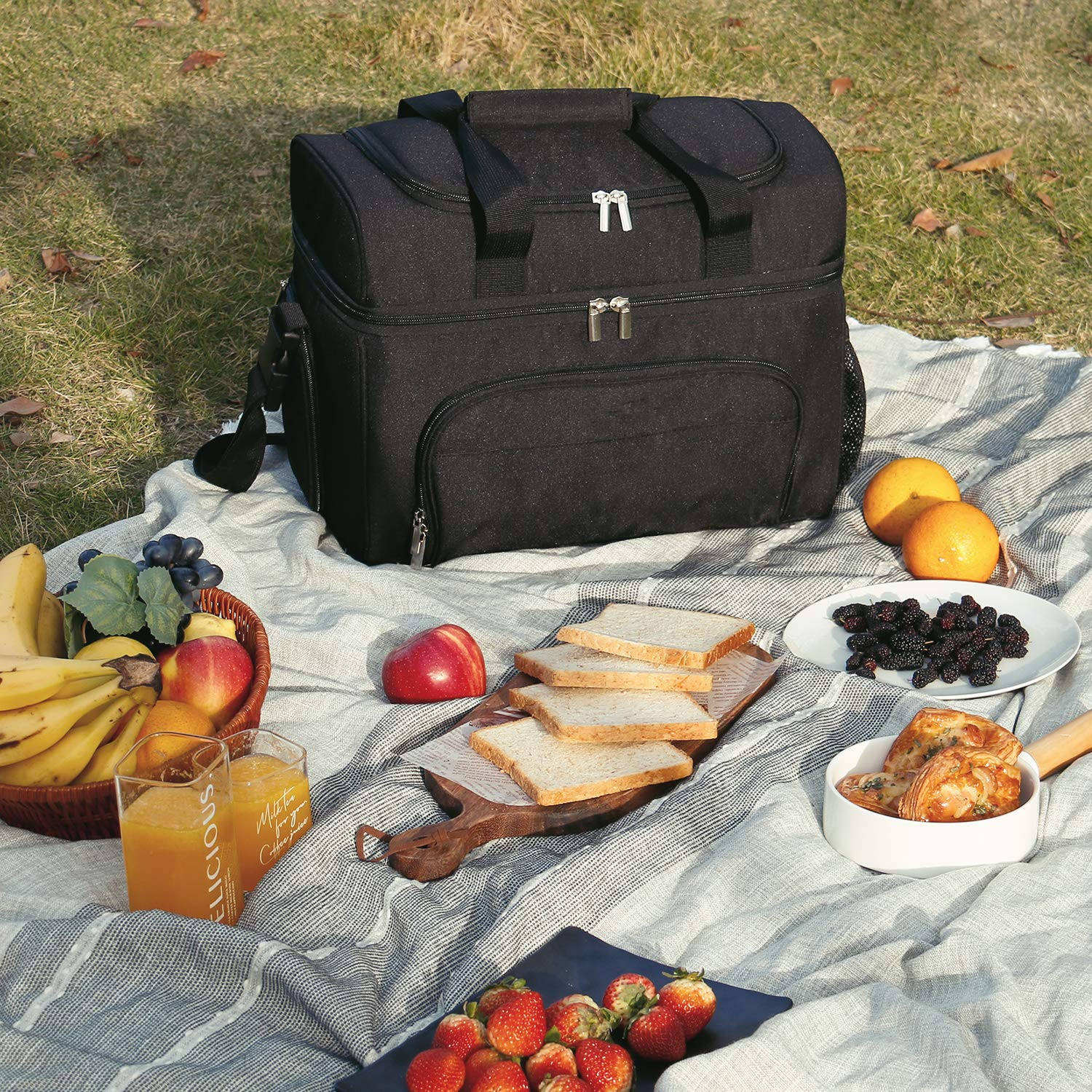 Grand sac isotherme souple portable boîte à lunch 48-Can Cooler Tote Double couche noir pour le camping, sac isotherme pour le déjeuner de pique-nique