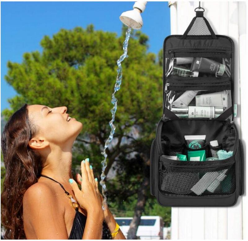 Vente en gros noir unisexe compressible étanche organisateur de maquillage cosmétique nouveaux produits sacs de toilette suspendus pliables pour le voyage