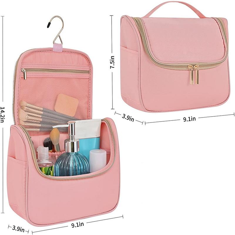 Imperméable à l'eau voyage rose maquillage trousses de toilette Logo personnalisé cosmétique maquillage stockage organisateur sac avec crochet suspendu et poignée